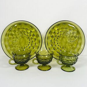 VINTAGE INDIANA COLONY GLASS CO WHITEHALL AVOCADO GREEN SNACK SET CUPS & PLATES